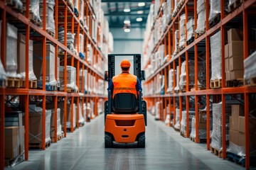 Rear view of a storehouse employee working on forklift in modern automatic warehouse