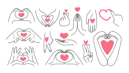 Love heart hand gesture set. Vector illustration. Big hand drawn collection of fingers showing hope, peace, charity, donation signs. Body language. Black line art with pink color.