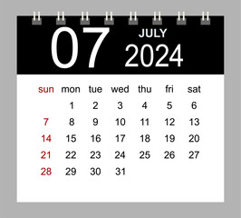 July 2024. Vector monthly calendar template 2024 year in simple style for template design. Week starts from Sunday.