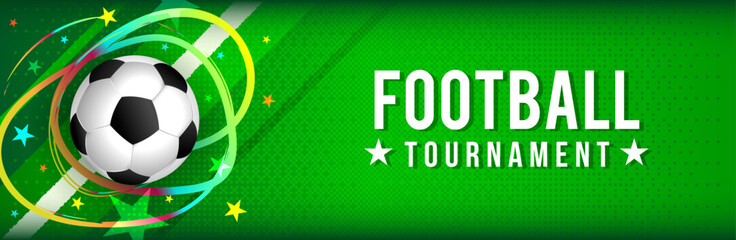 Football tournament banner design vector illustration. Ball with star light effects on green background..