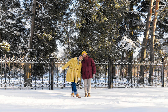 Happy couple standing in front of fence in winter park
