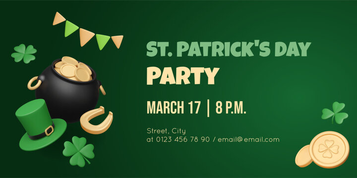 St. Patrick's Day banner with 3D traditional Irish elements. Cauldron of gold, leprechaun green hat, fortune horseshoe, coins and party bunting. Vector illustration. Invitation template.