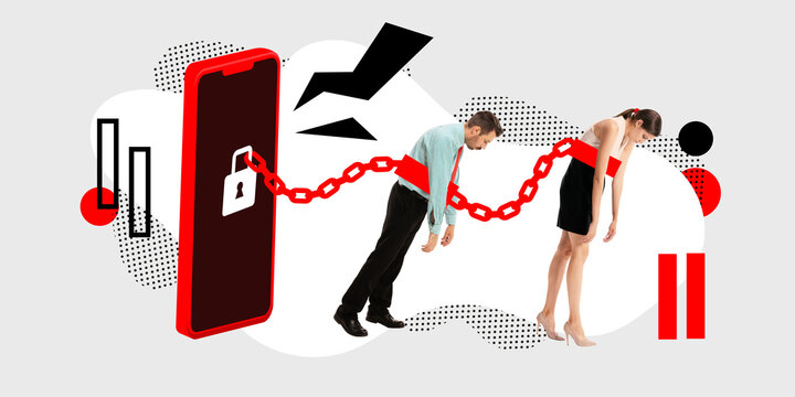 Contemporary art collage. Huge red telephone with lock on screen tied young man and woman to chain who trying to get away from it. Concept of digital detox, social media addiction, rest, burnout. Ad