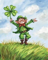 Cheerful Leprechaun: Vibrant Cartoon-Style Oil Stick Painting. AI generated