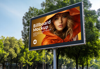 Large Horizontal Billboard in City With Trees Mockup. Generative Ai