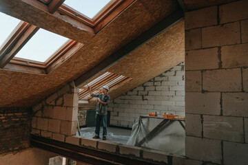Construction worker repairing window at construction site