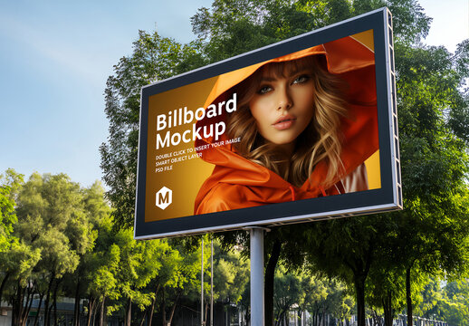 Large Horizontal Billboard in City With Trees Mockup. Generative Ai