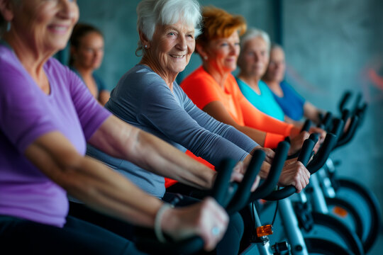 Confident seniors on exercise bikes in spinning class at gym