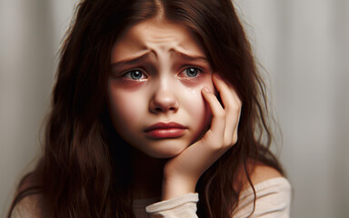 Crying, crying girl white background