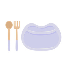 Childish plate with cutlery. Kids tableware. Empty silicone dish with spoon and fork. Vector flat illustration