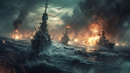 warships defending sovereignty at sea, with dramatic visuals capturing the intensity and dedication of the defenders - obrazy, fototapety, plakaty