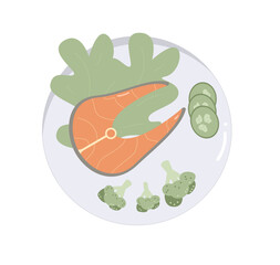 Salmon steak on the plate. Red fish piece meal. Healthy food Vector flat illustration isolated on white background