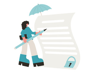 Business paper. Data protection. NDA or job offer. Business deal. Non disclosure agreement. Woman signing contract document. Vector modern flat illustration