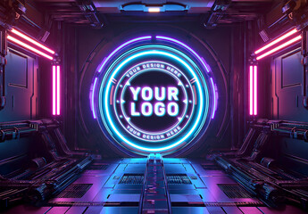 Glowing Neon Logo Mockup In A Futuristic Interior. Generative Ai