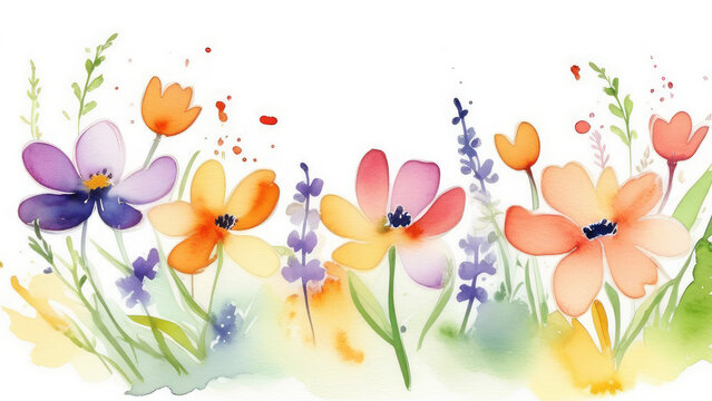 various spring wildflowers watercolor flowers on white background, copy space