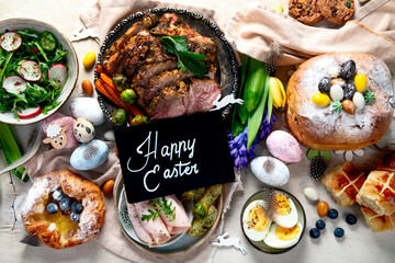 Easter dinner. Traditional food. Family spring event.