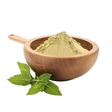 pile of finely dry organic fresh raw lemon verbena leaf powder in wooden bowl png isolated on white background. bright colored of herbal, spice or seasoning recipes clipping path. selective focus