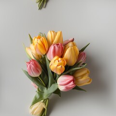 woman receiving gift and tulips from man on white background.