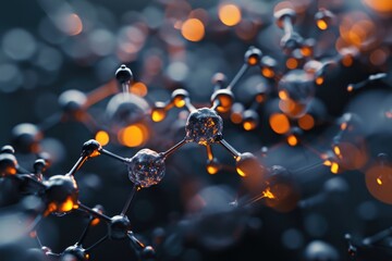 Covalent molecules simulated with soft focus on black background. - obrazy, fototapety, plakaty