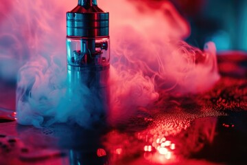 Vape atomizer produces colored smoke with soft focus