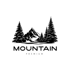 Monochrome illustration with a mountain emblem on a white background.