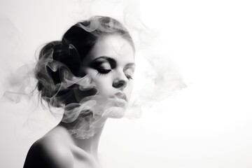 Double exposure portrait of a young woman with a smoke, copy space
