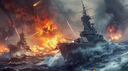 llustration featuring warships engaging in a fierce sea battle, with explosive visuals and dynamic movements, symbolizing a military threat and defenders in action