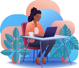 A woman, person, using laptop computer cartoon illustration. Possibly remote working online from home or running a business as an entrepreneur or freelancer. Could also be a college student studying.