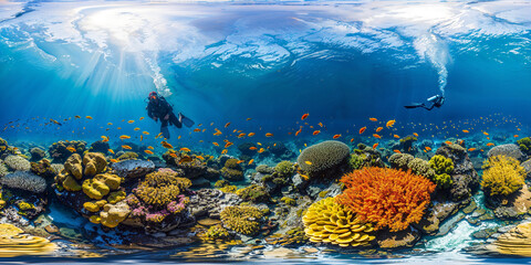 vue sous-marine panoramique equirectangulaire 360x180° dans un lagon de la Polynésie avec coraux et poissons exotiques 