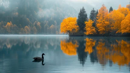 Selbstklebende Fototapeten cygne noir posé sur un lac en automne © Sébastien Jouve