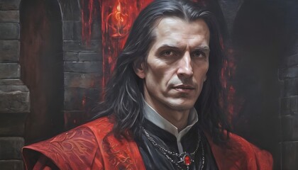 Close up portrait warlock  aristocrat with black hair  in medieval  castle. RPG character