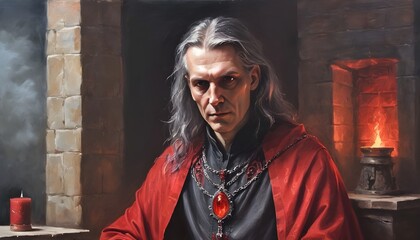  Portrait old warlock  aristocrat mysterious caster in medieval  castle. RPG character