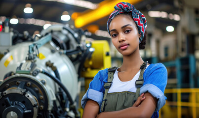 Fototapeta na wymiar Professional engineer black women , worker, woman afican mechanical, maintenance, check in factory, warehouse Workshop for factory operators, 