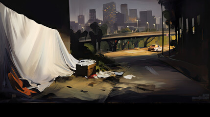 Homeless man sitting on the street, Problems of big modern cities.Poverty,  homelessness digital illustration,  show wealth inequality and the reality of being poor. - obrazy, fototapety, plakaty