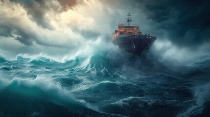storm over the sea, cargo ship in a storm - obrazy, fototapety, plakaty