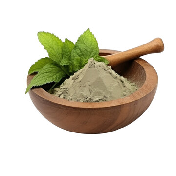 pile of finely dry organic fresh raw lungwort leaf powder in wooden bowl png isolated on white background. bright colored of herbal, spice or seasoning recipes clipping path. selective focus