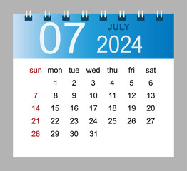 July 2024. Vector monthly calendar template 2024 year in simple style for template design. Week starts from Sunday.