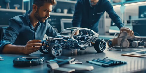 Industrial designer and engineer collaborating on the future of automotive design. They work on a model car infused with artificial intelligence.