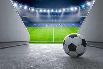Soccer or football ball with soccer stadium background