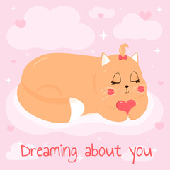 Cute sleeping on the cloud cat character Cat in love Valentine day greeting card Vector illustration