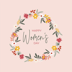 Greeting cards for international women's day with calligraphic hand written phrase. Women with flowers wreath. Eight march. Hand drawn flat vector illustration	