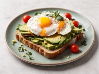 Avocado toast with fried egg and tomatoes on a plate