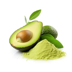 close up pile of finely dry organic fresh raw avocado powder isolated on white background. bright colored heaps of herbal, spice or seasoning recipes clipping path. selective focus