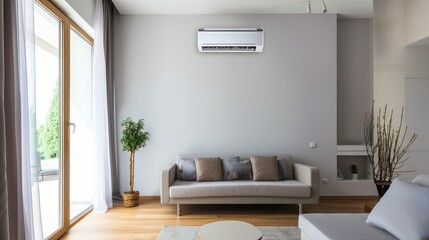 An image of a wall mounted air conditioner in a living room - obrazy, fototapety, plakaty