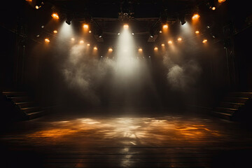empty Illuminated stage with scenic lights and smoke. white gold spotlight with smoke volume light effect on black background. Stadium cloudiness projector,orange Stage light at a concert - obrazy, fototapety, plakaty