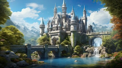 Fototapeta na wymiar Majestic turrets, dreamy fairytale castle, secretive drawbridges, hidden secrets, magical charm, mysterious. Generated by AI.