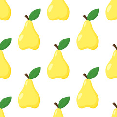 Pears vector seamless pattern. Yellow fruits with green leaves on white background. Best for textile, wallpapers, kitchen decoration, wrapping paper, package and web design.