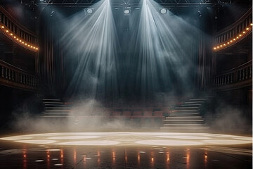 empty Illuminated stage with scenic lights and smoke. white gold spotlight with smoke volume light effect on black background. Stadium cloudiness projector,orange Stage light at a concert