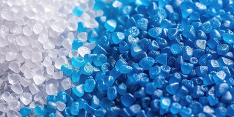  3d white blue tiny plastic cylindrical grains ,white blue plastic polymer pellets,polymer for pipes, Plastic and polymer industry,white blue PVC granulate.Microplastic products. - obrazy, fototapety, plakaty