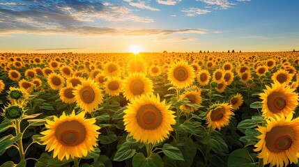 Fototapeta premium Vibrant sunflower field, full bloom, golden heads, turned towards the sun, vibrant energy, summer's warmth. Generated by AI.